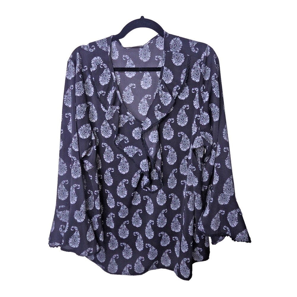 Bob Mackie Wearable Art Blouse Size 2X Ruffle Chest and Sleeves Black Paisley
